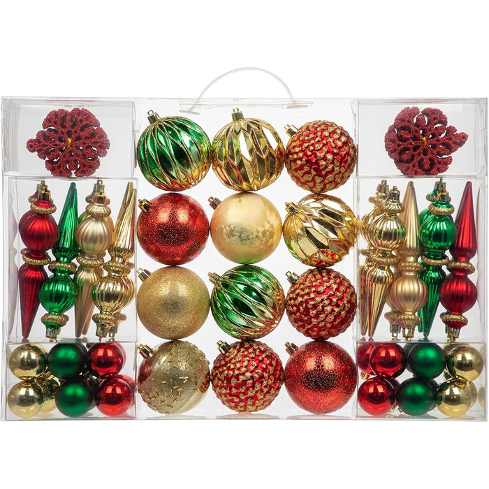 Набір прикрас для ялинки 92 шт. – Стійкі до пошкоджень ялинкові кулі блакитного та золотого кольорів – прикраси для ялинки, вінка, різдвяний декор (червоний та зелений)