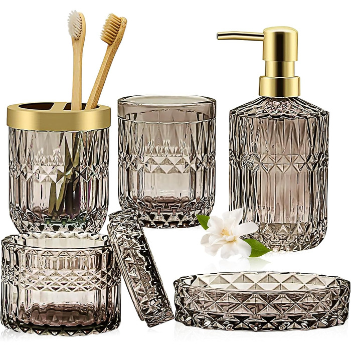 Набір аксесуарів для ванної кімнати зі скла, 5 шт. (мильниця, дозатор мила, тримач для зубних щіток, контейнер для ватних паличок, стакан) чорний