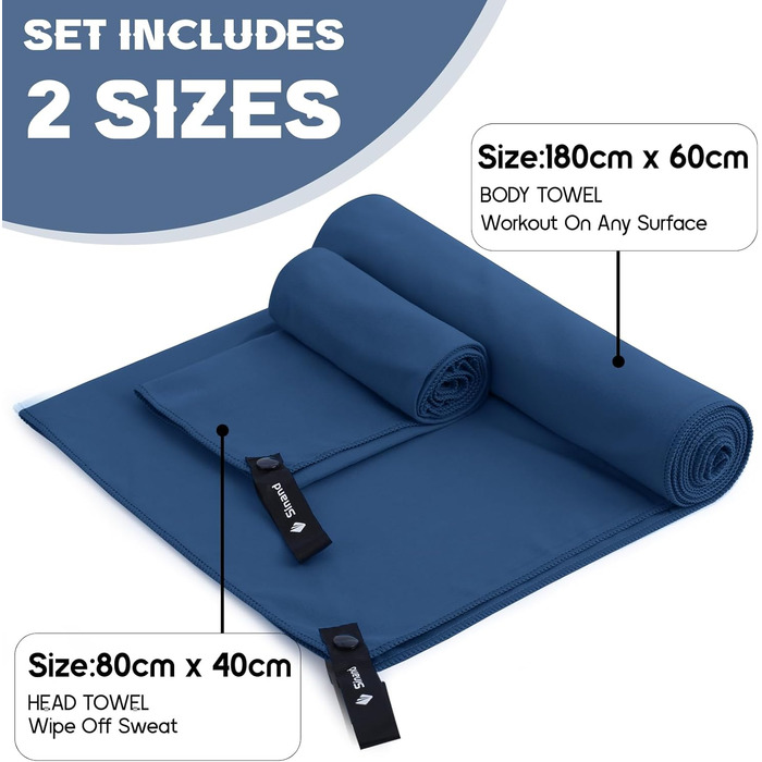 Набір рушників з мікрофібри 2 шт. | 180x60 см (великий) + 80x40 см (малий) | Швидковисихаючі рушники для душу, спорту, пляжу, фітнесу (темно-синій)