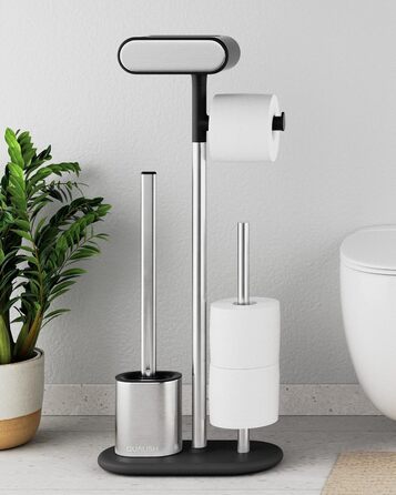 QUALISH Stainless Steel Toilet Paper Holder with Brush - Standing Toilet Paper Roll Holder with Silicone Brush - White & Black Finish