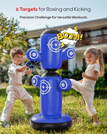 Дитячий боксерський мішок QPAU 360° з рукавичками, насосом та 6 цілями. Надувний боксерський мішок Bop Bag для карате, подарунок для хлопчиків та дівчаток (Блакитний)