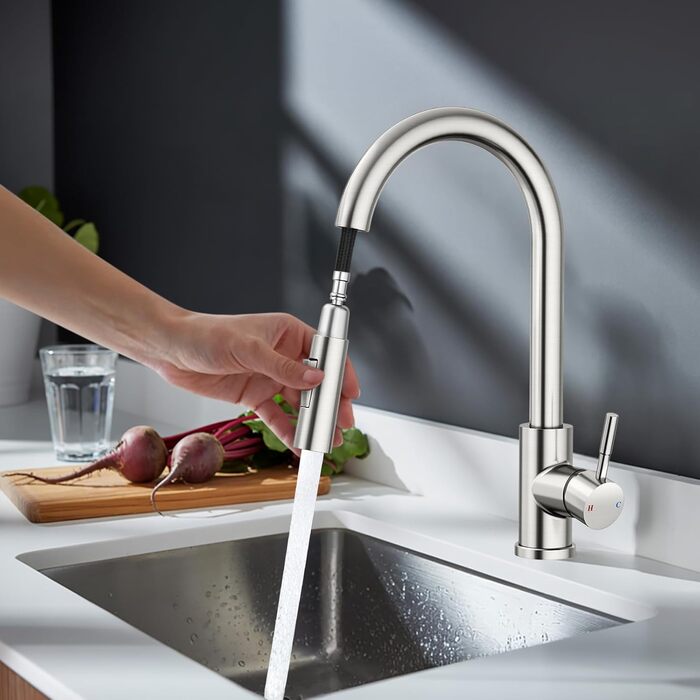 Кран кухонний Rainsworth з висувною лійкою та душем, 360° поворот, нержавіюча сталь, висота 56 см
