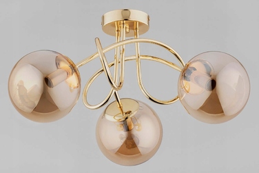 Сучасна стельова люстра Alfa золотиста, 3xE14, скляні бурштинові сфери