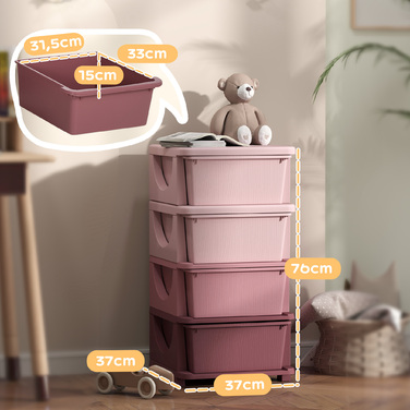HOMCOM Chest of Drawers for Kids' Room, 4-Tier Toy Organizer, Toy Storage, Pink