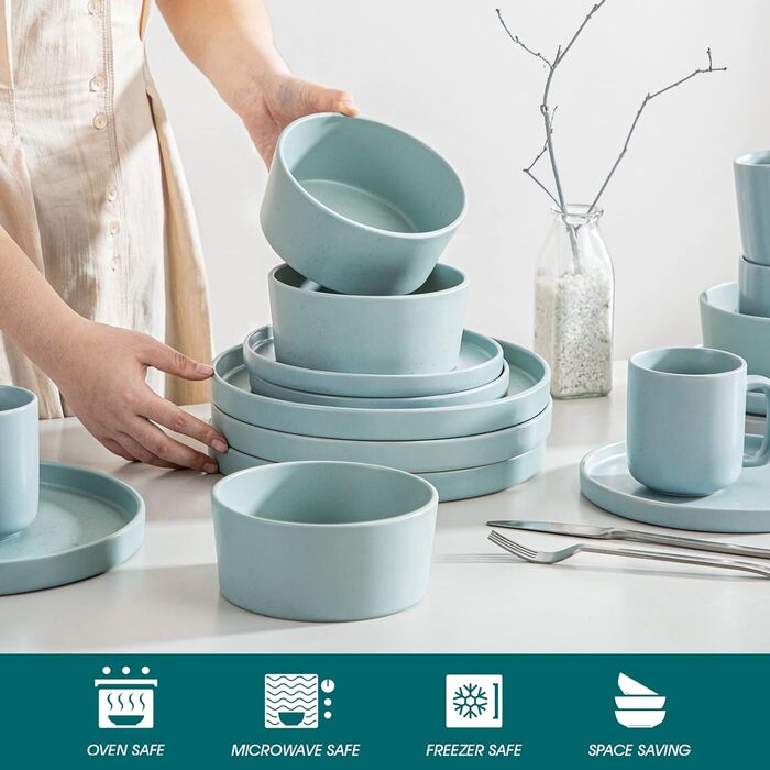 Набір посуду Vancasso SESAM Serie з каменю, 16 предметів, для 4-12 осіб. Тарілки, миски, чашки, скандинавський дизайн, темно-сірий, сірий, блакитний, зелений