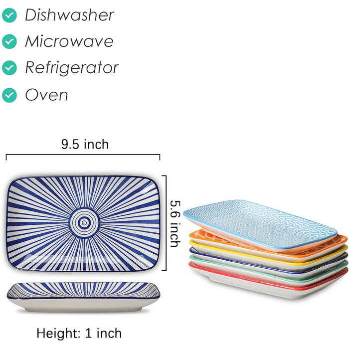 Набір тарілок Selamica Servierplatte: 6 прямокутних тарілок для закусок, десертів, суші та фруктів, 18 × 10.5 см