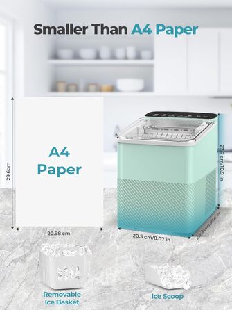 Портативна машина для льоду FOHERE – самоочисна, 14 кг/24 год, 2 розміри, компактний дизайн, 1 кнопка, інтелектуальні попередження, з лопаткою та кошиком для дому/бару/офісу/кемпінгу (зелена)