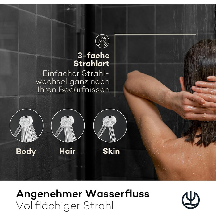 KLUDI-X1 Universal Shower Head with Hose, optional shower spray, water-saving with 3 spray patterns (Body, Hair, Skin), easy-to-clean shower head Ø 10.7 cm, shower hose 1.60 m