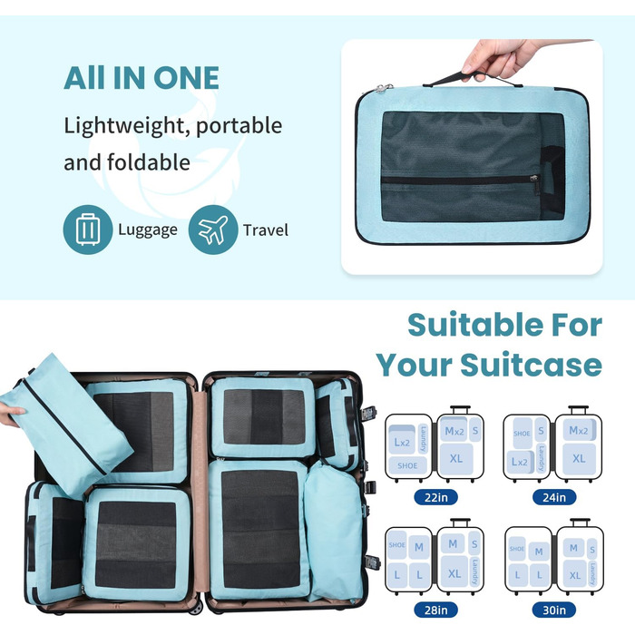 Набір кубиків-органайзерів для подорожей Prezon: 8 шт., м'ятний колір. Розширювані, з сітчастим вікном для зручності.