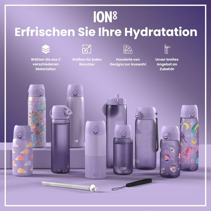 Ion8 Vacuum Insulated Stainless Steel Water Bottle, 1 Liter, 920 ml, Leak-Proof, One-Handed Opening, Secure Locking Mechanism, Dishwasher Safe, Carrying Handle, Durable, Ideal for Sports and Yoga (OneTouch 2.0, Light Purple)