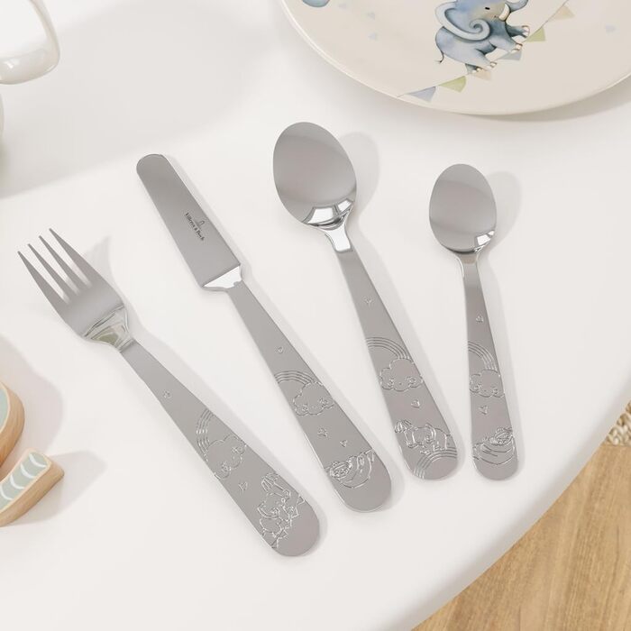 Дитячий набір столових приборів Villeroy & Boch Boho Kids 'Walk like an elephant' (4 шт.) з нержавіючої сталі, для дітей, сріблястий/платиновий, придатний для миття в посудомийній машині