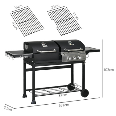 Outsunny Grill Cart Gas Grill with 2+1 Burner, Thermometer, 3kW BBQ Charcoal Grill with Shelf, Side Table, Hooks, Camping Grill with Hose for Garden, Balcony, Black | Aosom