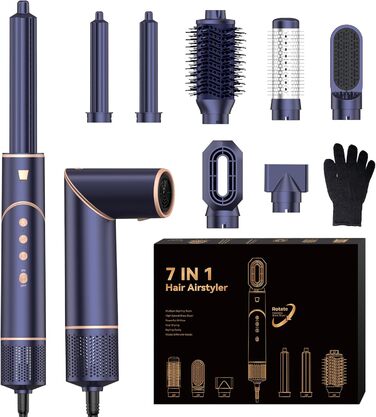Фен-щітка Air Styler 7 в 1: іонізація, складний, 110,000 обертів, для укладання, локонів, випрямлення, блакитний