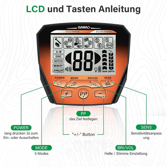 Металодетектор OMMO Profi для дорослих та дітей, USB, пошук золота, 6 режимів, водонепроникний IP68, прецизійний, комплект з лопаткою (Помаранчевий)