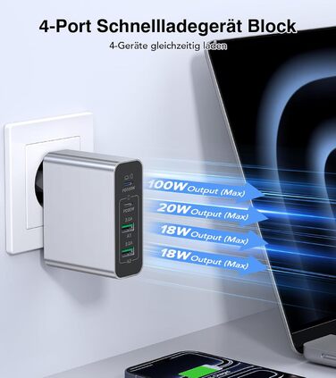 Зарядний пристрій USB C 120W з USB-A, 4 порти, PD3.0, для MacBook Air, iPhone 17/16/15/14 Pro/Pro Max, Samsung та інших смартфонів - Сірий