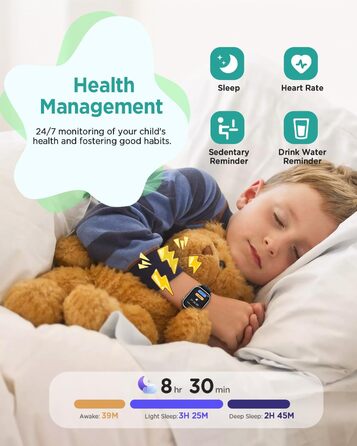 Смарт-годинник RUXINGX для дітей, 1.52″, крокомір, водонепроникний (IP68), з 170+ спортивними режимами, моніторингом серцевого ритму, сном, аудіокнигами, 20 карток для навчання, будильником, чорний