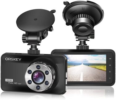 Відеореєстратор ORSKEY Dashcam Auto 1080P Full HD з двома об'єктивами для автомобіля, 170° кут огляду, циклічна запис, G-сенсор, LCD-екран