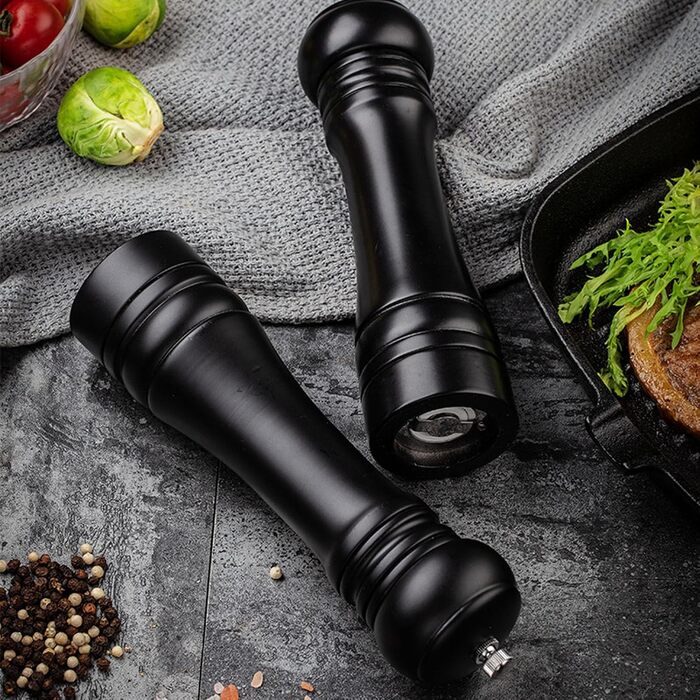 Salt and pepper grinder, wooden pepper grinder set salt pepper mill kit manual mills solid with strong adjustable ceramic grinding mechanisms 2 pieces 8 inch (K 2 Black)
