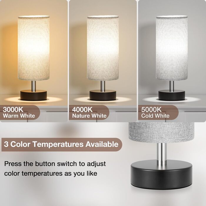 Настільна лампа Kakanuo з 3 режимами кольору, біла, з вимикачем, абажур з льону, для вітальні, спальні, офісу, дитячої кімнати (LED лампа в комплекті), колір: білий+чорний (сірий+чорний)