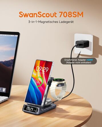 Зарядна станція SwanScout магнітна 3-в-1 для Samsung Galaxy S25 Ultra/S24/Z Flip 7/Z Fold 7, годинник Samsung Watch 8 Classic/8/Ultra/7, навушники Galaxy Buds 3, SwanScout 708SM