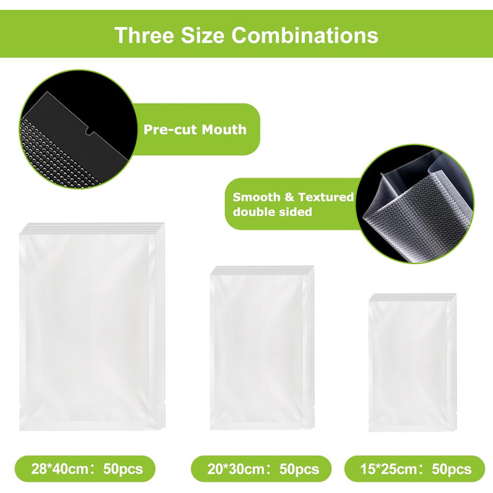 Bonsenkitchen Vacuum Bags - 150 Bags - 15x25 cm (50) + 20x30 cm (50) + 28x40 cm (50), Professional-grade foil bags for all vacuum sealers, vacuum bags for food, BPA-free, VB3215
