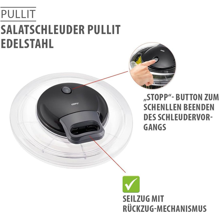 GEFU Салатоотжим - 5 л, вбудований виливник, кнопка стоп, неслизький, придатний для миття в посудомийній машині (4,5 л, кришка, нержавіюча сталь + кришка для зберігання)