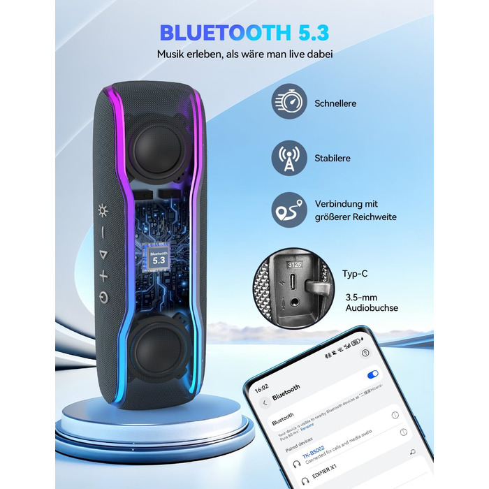TECKNET Bluetooth колонка з підсвіткою, IPX7, 30W, чорна - портативна бездротова колонка Bluetooth 5.3 для вечірок, подорожей