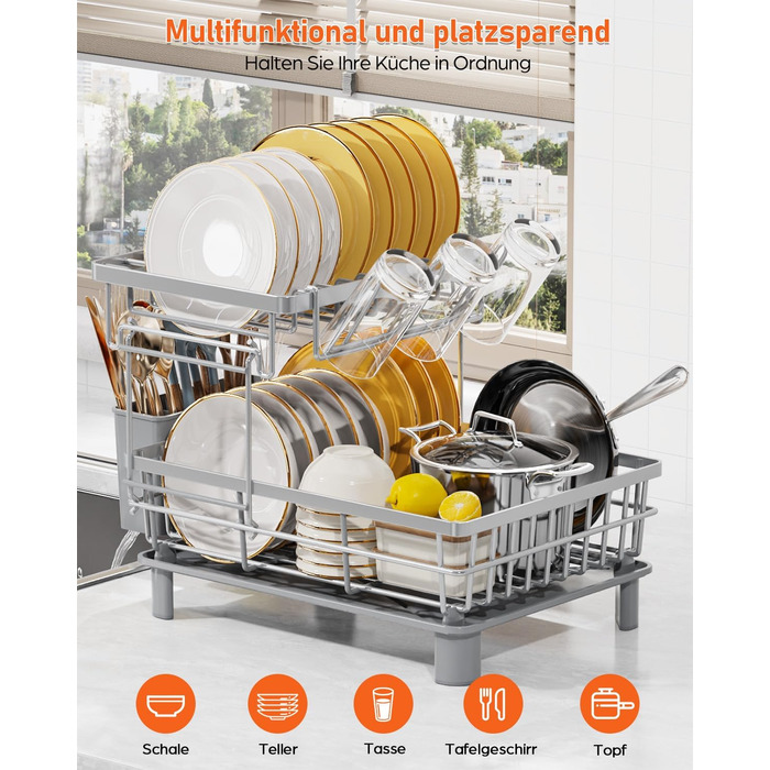 LIONONLY Dish Drying Rack, Small 2-Tier Dish Rack with Drip Tray, Stainless Steel Dish Drying Rack with Utensil Holder, Drink Holder and Swivel Spout, Dish Drying Stand Kitchen