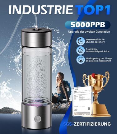 Воднева пляшка 2-в-1 IUHFSIFS, 450 мл, срібляста, SGS сертифікат, SPE PEM технологія, 5000PPB, подвійна концентрація, очищення води за 3 хвилини