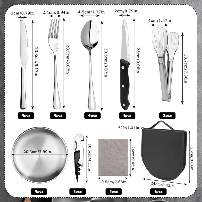 Набір посуду для кемпінгу на 4 особи, 22 шт. Посуд для відпочинку на природі, столові прибори (ложки, виделки, ножі), фіксатори для тарілок, серветки для миття. Ідеально для пікніків та подорожей.