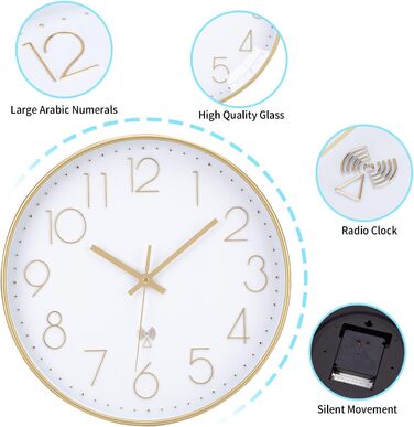 VIVILINEN Radio-Controlled Wall Clock Silent Wall Clock No Ticking Sound Modern Radio-Controlled Wall Clock Silent Wall Clock Non-Ticking Hanging Clock for Living Room Bedroom Office Kitchen 30x30cm / 12 inches