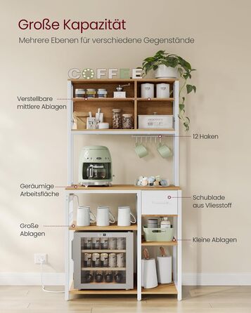 Стелаж кухонний VASAGLE з розетками, 40 x 100 x 180,4 см, 12 гачків, антрацит-чорний, з регульованими полицями та висувною шухлядою