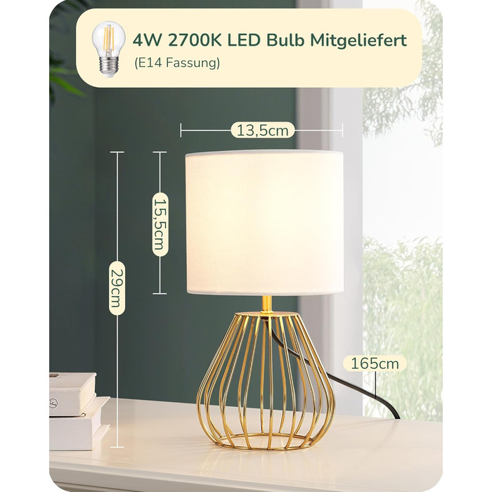 EDISHINE Настільна лампа, сучасний дизайн, індустріальний стиль, Е14 цоколь, вінтажна, для спальні/вітальні, бежево-чорна (льон + золото)