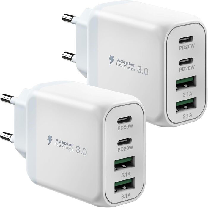 Набір зарядних пристроїв USB-C 40W (2 шт) з підтримкою PD3.0 та QC3.0. Підходить для iPhone, iPad, Samsung, Xiaomi, Google. Білий колір.