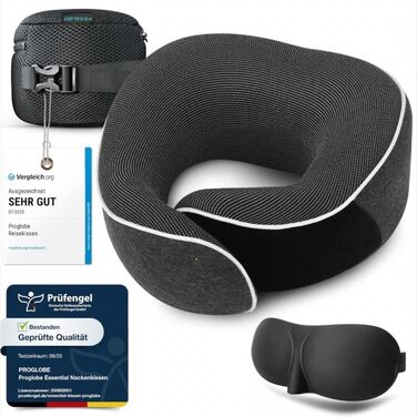 Подушка для шиї Proglobe, 100% Memory Foam, ортопедична, для подорожей (літак, авто, поїзд), з 3D-маскою для сну, сітчаста сумка (темно-сіра)