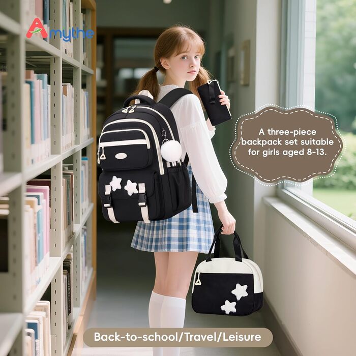 Набір шкільних рюкзаків для дівчаток Lässig: 3 шт. (рюкзак, ланчбокс, пенал) для 2-5 класів. Чорний шкільний рюкзак для підлітків та дітей.