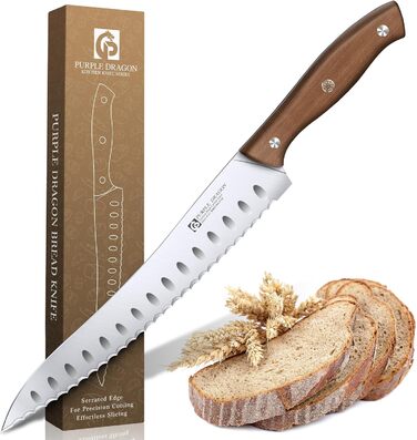 Ніж для хліба Purple Dragon Brotmesser з хвилястим лезом та ергономічною ручкою, з високоякісної німецької сталі, для свіжоспеченого хліба, закваски, тортів, гостре лезо