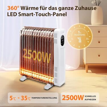Електричний масляний радіатор Aigostar Snug 2500W з пультом керування, 13 ребер, термостат, 3 режими, ECO, таймер 24г, LED, захист від перекидання та перегріву