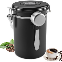 Герметичний контейнер для кави 1.8L з нержавіючої сталі 304 з датою розкриття та мірною ложкою для кави, зерен, чаю, борошна, зерна та цукру (Білий) (Чорний)