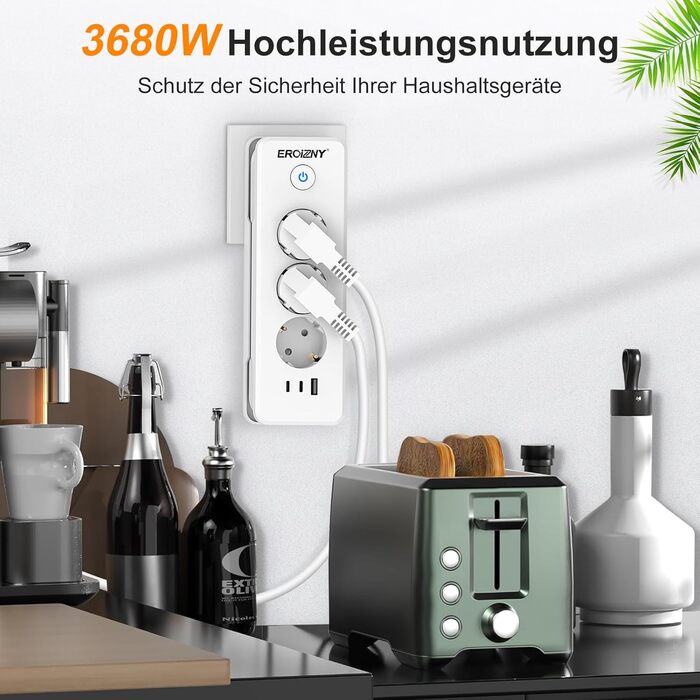 Мережевий адаптер з 2 USB-C (PD 20W) та 1 USB-A, 3 розетки з вимикачем, захист від перенапруги, компактний, для подорожей, 1,5м кабель. Мережева планка з 3 USB-портами