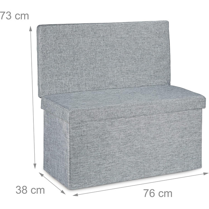 Складаний пуф Relaxdays з спинкою, 73x76x38 см, сіра лавка-скриня з лляної тканини, з місцем для зберігання та кришкою