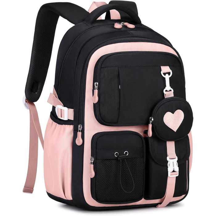 Шкільний рюкзак для дівчинки 1-5 клас, стильний рюкзак у школу та подорожі, з милим гаманцем (чорно-рожевий)