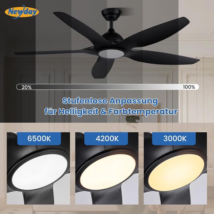 Стеляний вентилятор Newday 153см, чорний з підсвіткою та пультом, 5 лопастей, DC мотор, регулювання швидкості, таймер, для дому