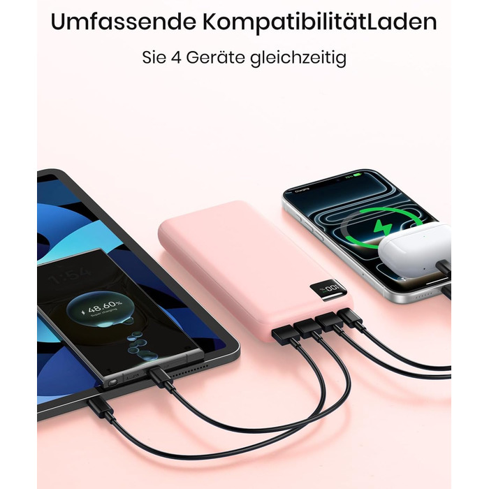 Power Bank A ADDTOP 20000mAh 22.5W Рожевий - Зовнішній акумулятор з USB-C та 4 портами для швидкої зарядки телефону