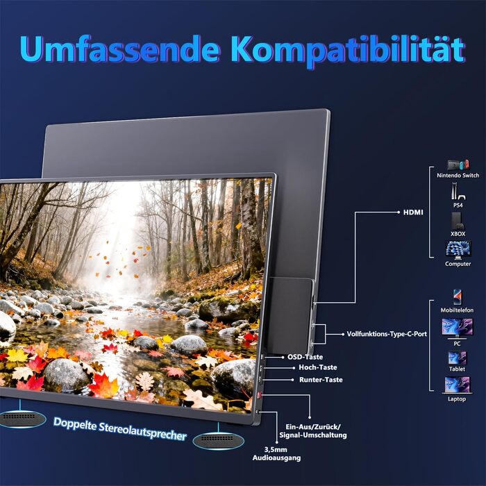 Портативний монітор 16 дюймів 1200P 165Hz 450Nits 100% sRGB з Smart Cover, для ноутбука PC Xbox PS4 PS5 Switch, чорний