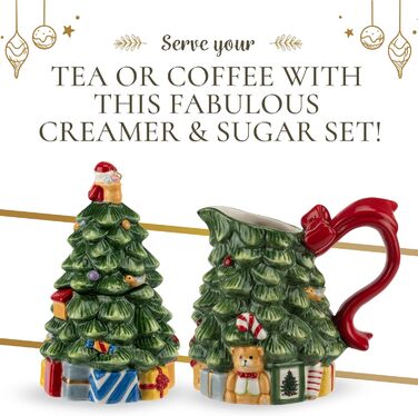 Spode Sugar and Creamer Set with Christmas Tree, Figurine Tree, 209 ml creamer and 150 ml sugar bowl with lid, festive tea and coffee set, dishwasher safe, ceramic tableware.