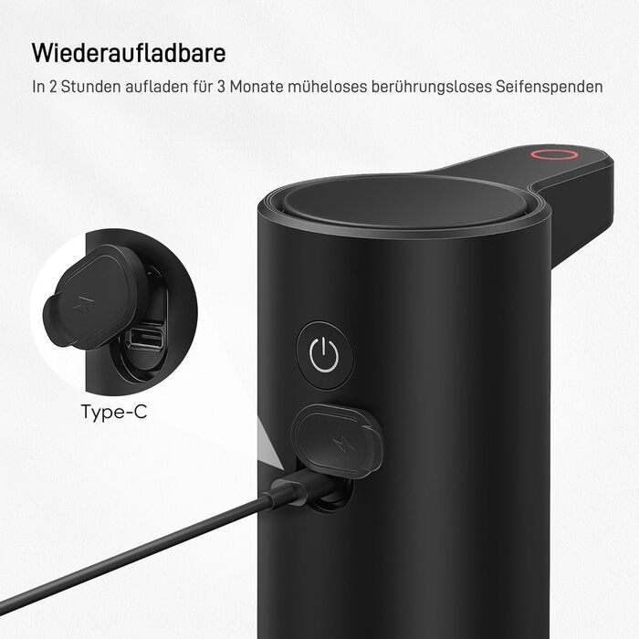 Automatic Soap Dispenser with Window - Infrared Sensor, 250ml, USB Rechargeable, Waterproof, Adjustable Dosage, Drip-Free, for Kitchen & Bathroom - Matte Black