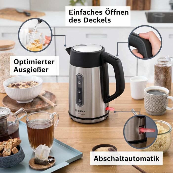 Електричний чайник Bosch DesignLine TWK4P440, 1.7 л, нержавіюча сталь/чорний, з індикатором рівня води та захистом від перегріву