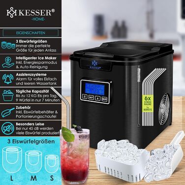 Машина для приготування льоду KESSER® з нержавіючої сталі, 150W, 12 кг/24 год, 3 розміри кубиків, таймер, LCD-дисплей, чорний
