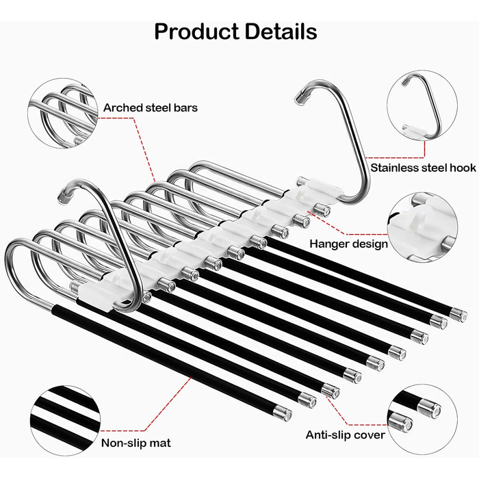 2-Piece Trouser Hangers Clothes Hangers Space-Saving Stainless Steel Non-Slip Foldable Multi-Functional Hanger for Trousers, Scarves, Jeans, Clothing, Towels (Black with 14 Clothes Hangers)